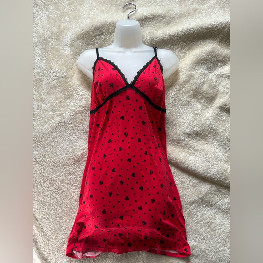 🔥 Red Heart Print Y2K Slip Mini Dress Lace Trim - Picture 3 of 3